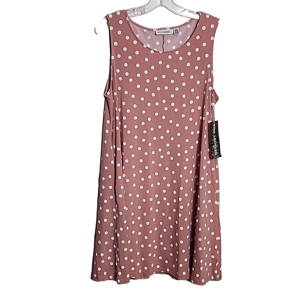 Nina Leonard Pink/White Polka Dot Pull On Dress, NWT, Large